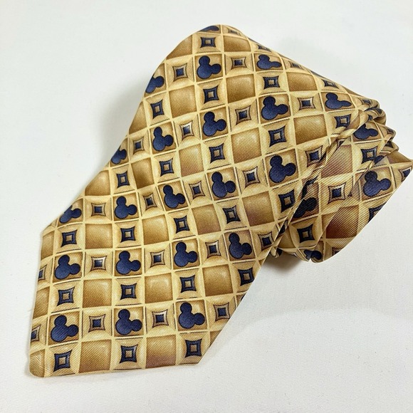 Disney Parks Men's Necktie Tie Silk Gold Blue Geometric Mickey Mouse Head - Picture 2 of 8